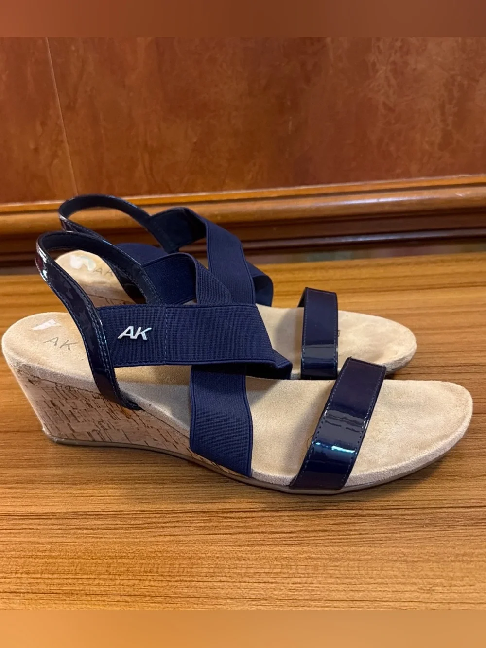 Anne Klein Regina Navy Blue Cork Wedge Sandals Womens Size 8.5 M Excellent